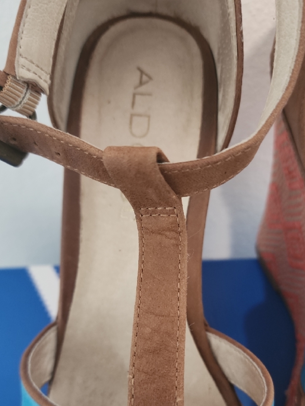 Aldo Tan Wedge Sandals with Yellow & Blue Straps - Picture 3 of 9